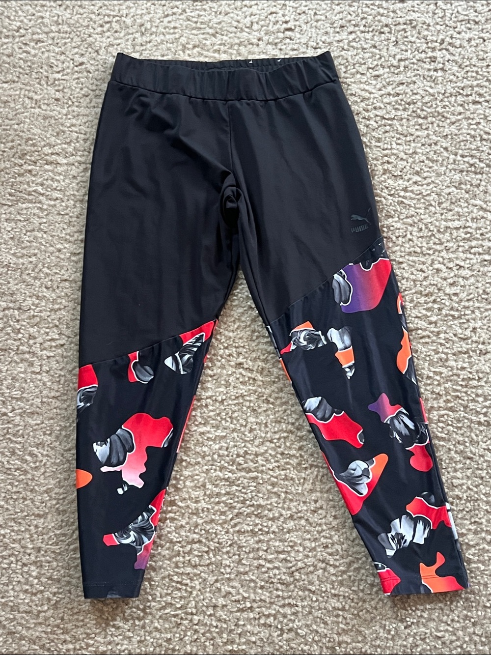 Puma Black Leggings with Red, Pink and Orange Floral Panels